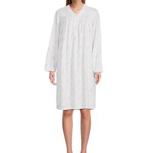 Miss Elaine Brushed Honeycomb Knit Floral Print V-Neck Nightgown Size Medium